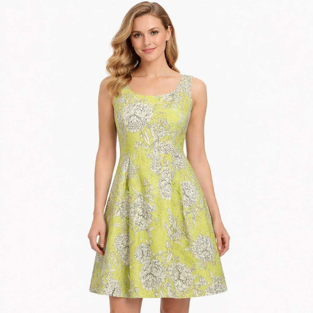Jessica Howard Green & White Floral Fit and Flare Midi Dress - Size 14